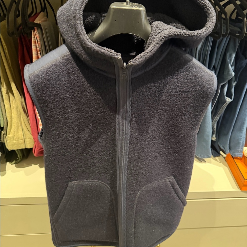 Vince Men’s Wool and Sherpa Dark Blue Hooded Vest